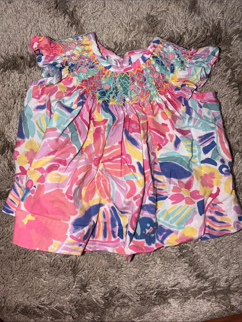 Stitchy Fish Smocked Flutter Sleeve Dress